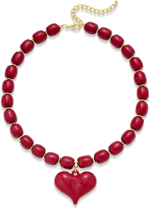 YUJIE Chunky Heart Penadnt Necklace for Women- Exaggerated Statement Puff Heart Necklace with Acrylic Beaded Chain