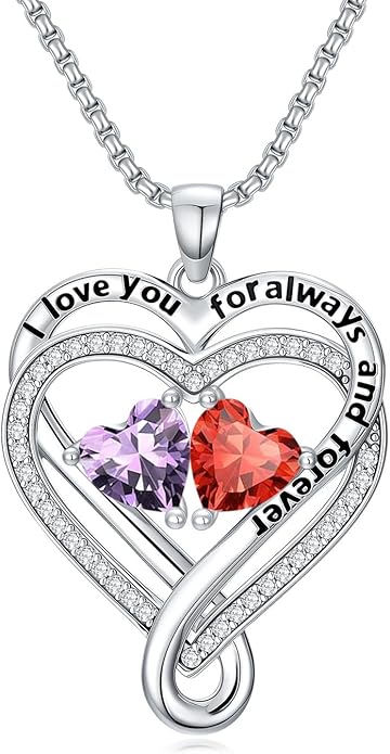 I Love You for Awlays and Forever Double Heart Necklace with Birthstone, 2 Birth Stone Jewelry Anniversary Valentines Mothers Day Christmas Birthday Gifts for Women Her Wife Girlfriend Mom Mother