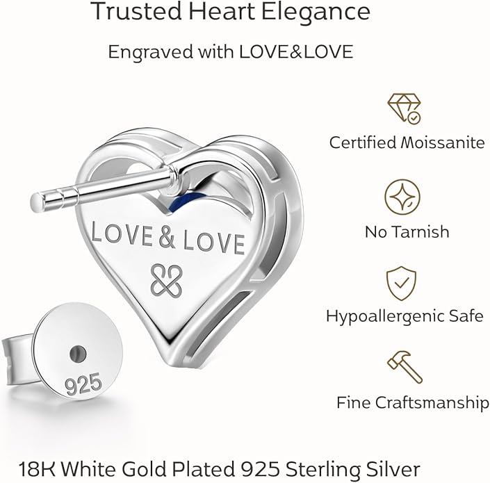 LOVE&LOVE Moissanite Stud Earrings for Women, Classic Round & Heart Designs,18K White Gold Plated Silver, Sparkly Hypoallergenic Gift, Birthday Anniversary Christmas Valentines