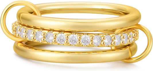 Canboer 14K Gold Plated Interlocked Stackable Rings for Women Non Tarnish,Gold and Silver Cubic Zirconia Statement Rings Set,Mixed Metals Ring Two-Toned Connected Bands Stacking Jewelry