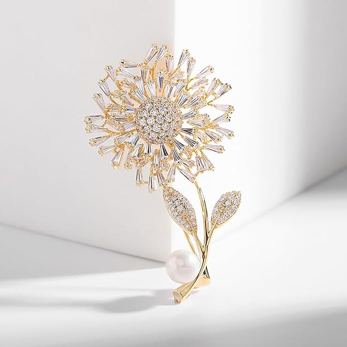 14K Gold Women Trendy Gold Brooch Accessory with Moissanite and Pearl, Decoration Sunflower Pin for Summer Fashion, Womens Brooches and Pins