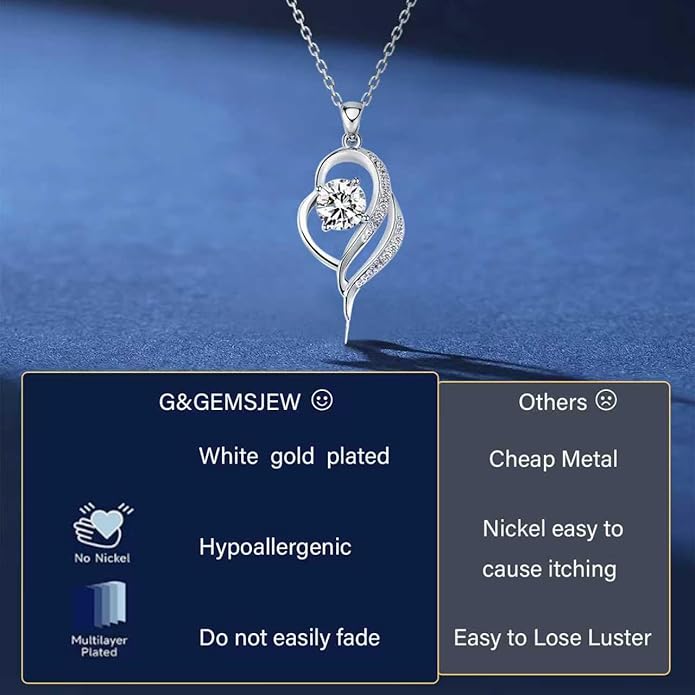 G&GEMSJEW Heart Necklaces for Women, 1-2 Carats Moissanite, 18K White Gold-Plated 925 Sterling Silver Round Brilliant Cut Moissanite Imitation Diamond Necklaces, Jewelry Gifts for Christmas Valentine's Day,Anniversary Present for Wife Women