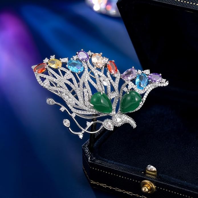 14K Gold Luxury Butterfly Brooch Sparkling Moissanite Accents & Enamel Painted Details, Retro Chic for Cheongsam, Coats & Formal Attire