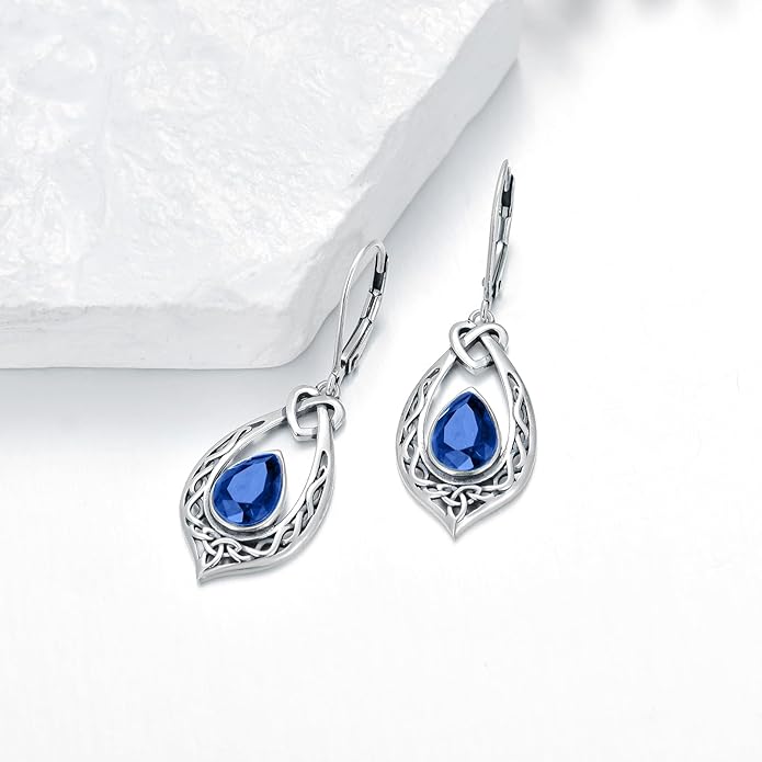 Celtic Knot Dangle Earrings 925 Sterling Silver Oxidized Vintage Drop Leverback Earrings with 8 * 6mm Simulated Birthstone Crystal Christmas Jewelry Gifts for Women (Gift Box)