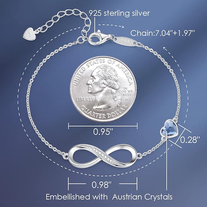 CDE Infinity Heart Birthstone Charm Link Bracelet for Women 925 Sterling Silver Adjustable Mother's Day Gift Anniversary Birthday Jewelry for Wife Girlfriend Her