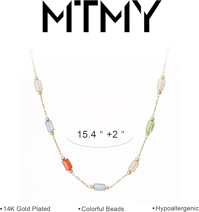 MTMY Beaded Necklaces for Women 14K Gold Plated Dainty Colorful Green/Rose Beaded Pearl Choker Necklace Delicate Boho Choker Necklace Jewelry Gift