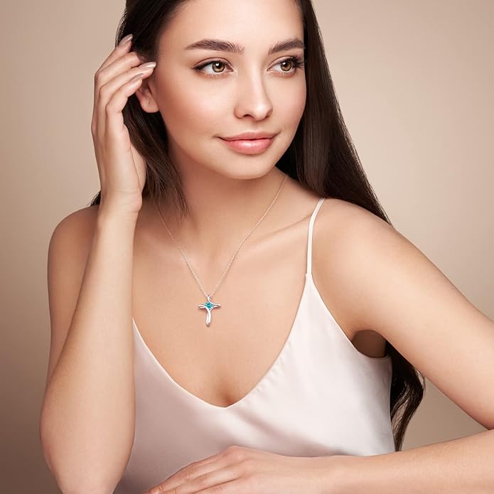NINAMAID Cross Necklace for Women, 925 Sterling Silver Birthstone Necklace for Women with Diamond Sideways Cross Necklaces Birthstone Jewelry Birthday Gifts for Womens