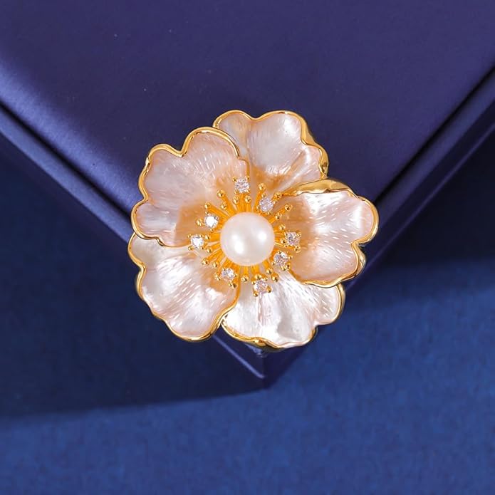 14K Gold Peony Flower Brooch with Freshwater Pearls - Elegant Red Rose Inspired Pin, Ideal for Formal & Bridal Wear, Unique Gift for Her
