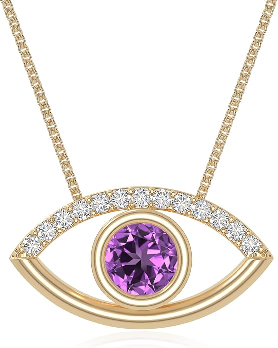 Natural Gemstone with Moissanite Evil Eye Pendant Necklaces for Women in Silver/18K Yellow/Rose Gold Vermeil,Birthstone Jewelry Gifts for Her Birthday,Anniversary, Graduation