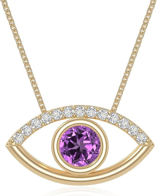 Natural Gemstone with Moissanite Evil Eye Pendant Necklaces for Women in Silver/18K Yellow/Rose Gold Vermeil,Birthstone Jewelry Gifts for Her Birthday,Anniversary, Graduation