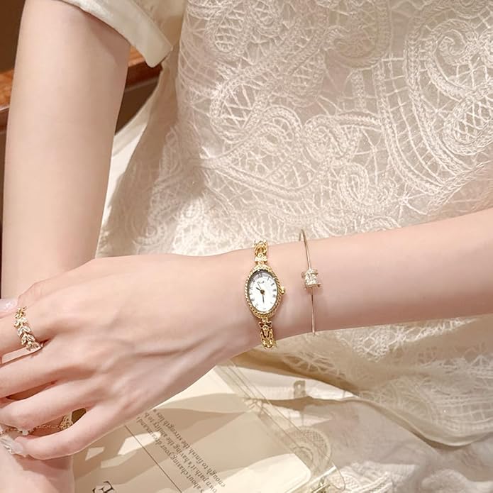 Women's Vintage Oval Watches Luxury Minimalism Bracelet Small Gold Tone Watch Ladies Analog Waterproof Watch Fashion Bangle Bracelet Dress Watch with Stainless Steel Band