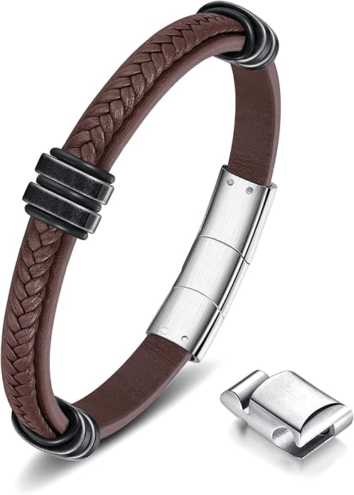 Leather Bracelet for Men with Adjustable Stainless Steel Magnetic Clasp Multi-Layer Braided Mens Leather Bracelet