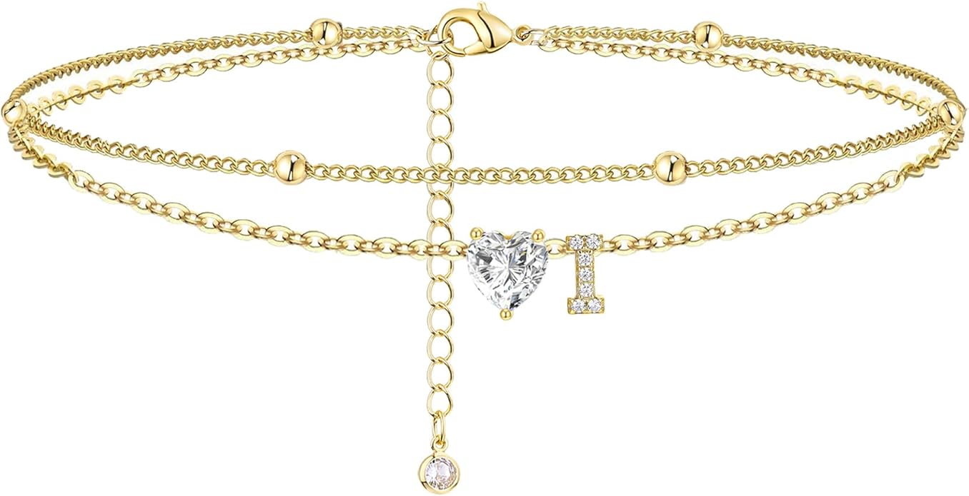 Ankle Bracelets for Women Waterproof 14K Gold Plated CZ Initial Anklet for Women Dainty Layered Letter Heart Ankle Bracelets Handmade Adjustable Foot Chain Anklet Summer Beach Jewelry