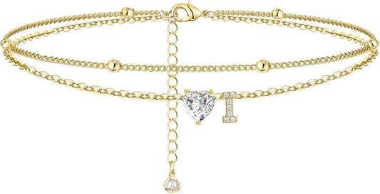 Ankle Bracelets for Women Waterproof 14K Gold Plated CZ Initial Anklet for Women Dainty Layered Letter Heart Ankle Bracelets Handmade Adjustable Foot Chain Anklet Summer Beach Jewelry