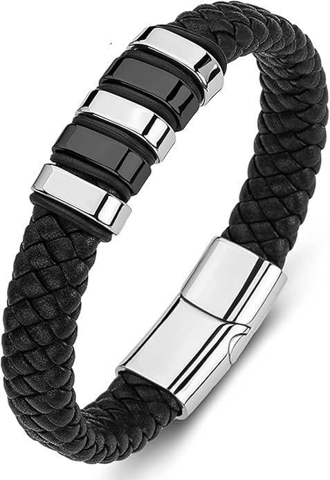 Leather Bracelet for Men Braided Cuff Wristband Stainless Steel Clasp in Silver and Gold Jewellery Gift