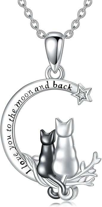 Cat Gifts for Women 925 Sterling Silver Heart Moon Cat Necklace Pendant Women Jewelry Halloween Christmas Gifts