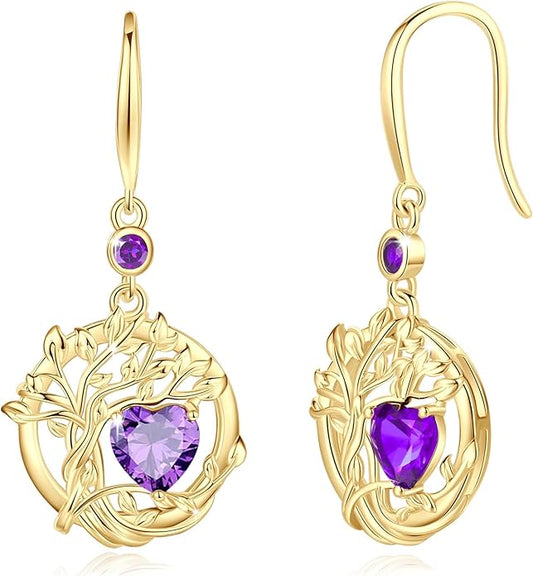 FANCIME Tree of Life Dangle Drop Earrings 925 Sterling Silver Dainty Round Gemstone Birthstone Earring Fine Jewelry Birthday Christmas Gifts for Her Women