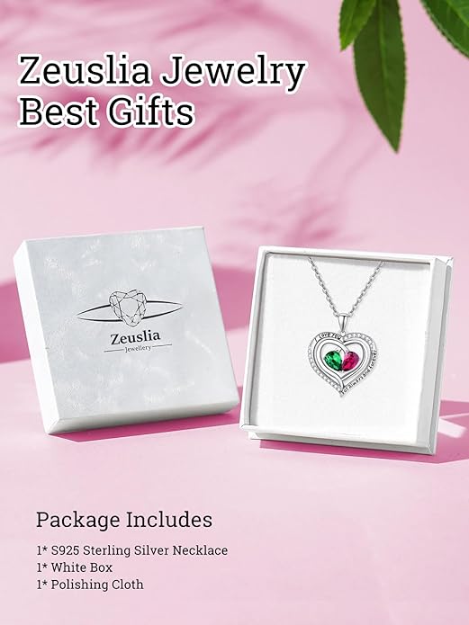 Zeuslia Double Birthstone Necklace Gifts for Wife - 925 Sterling Silver Sunflower/Rose/Crown Cross/Compass/Heart Pendant I Love You Necklace, Anniversary Birthday Gifts for Wife Girlfriend Mom Her