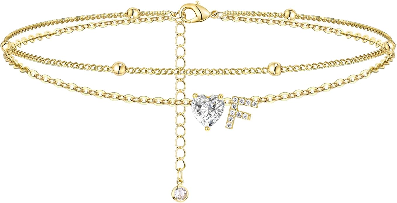 Ankle Bracelets for Women Waterproof 14K Gold Plated CZ Initial Anklet for Women Dainty Layered Letter Heart Ankle Bracelets Handmade Adjustable Foot Chain Anklet Summer Beach Jewelry