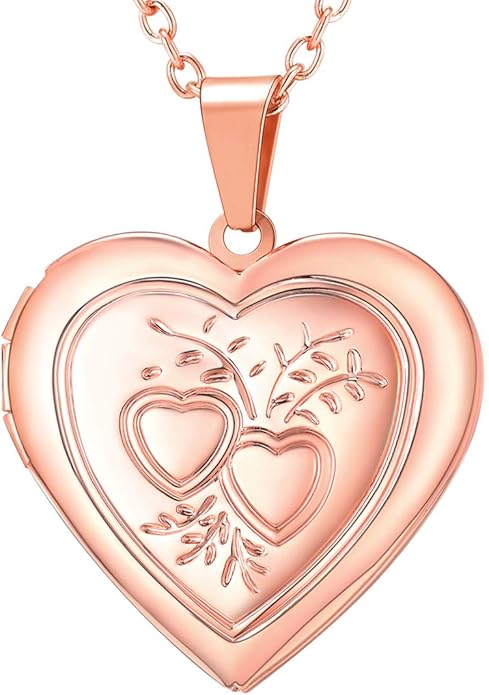 U7 Women Locket Necklace Platinum 14K Gold Photo Lockets that Hold Picture,Chain 20 Inch Personalized Gift Custom Love Heart Image Necklaces