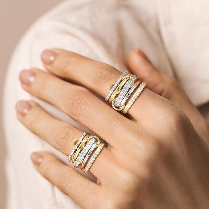 Emibele 14K Gold Plated Stackable Rings for Women, Interlocking Non Tarnish Gold Rings, Silver Dainty Cubic Zirconia Bands, Two-Toned Mixed Metal Stacking Band, Trendy Jewelry Gifts for Women