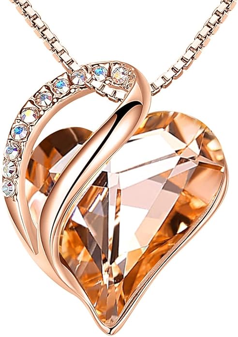 Leafael Rose Gold Plated Necklace for Women: Heart Shaped Birthstone/Healing Crystals Center, Dazzling Cubic Zirconia, Hypoallergenic Chain (18"+2"), Jewelry Gifts for Anniversaries and Birthdays