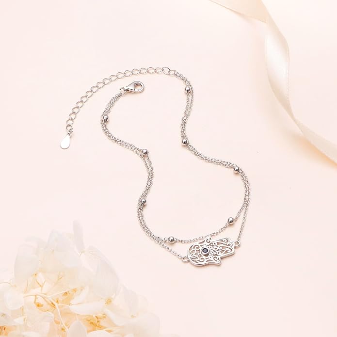 Anklet for Women S925 Sterling Silver Adjustable Foot Evil Eye Starfish Heart Bead Butterfly Celtic Knot Cross Multilayer Layered Ankle Bracelet Jewelry