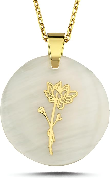 ONTHOLOGIE Birth Month Flower Necklace on Natural Mother of Pearl, 925K Sterling Silver Pendant Birth Flower Necklace, Personalized Birth Month Jewelry, Meaningful Gift for Women