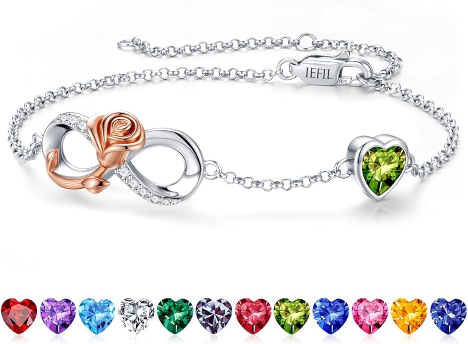 Iefil Infinite Rose Birthstone Bracelet for Women, 925 Sterling Silver Charm Link Birthstone Bracelet, Anniversary Birthday Gifts for Women, Mothers Day Valentines Christmas Gifts for Wife Girlfriend