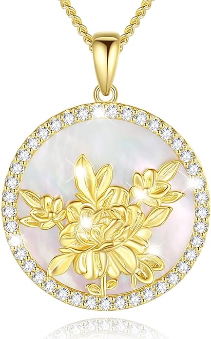 AGVANA Valentines Day Gifts Sterling Silver Birth Flower Necklace for Women Genuine Mother of Pearl CZ Round Disc Pendant Necklace Fine Jewelry Anniversary Birthday Gifts for Women Wife Mom Her