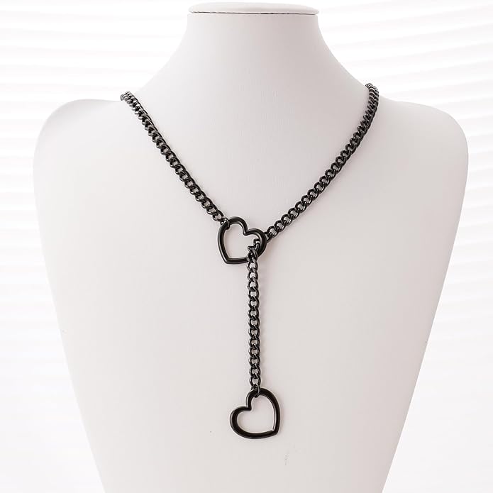 Heart Slip Chain Necklaces for Women,Stainless Steel O-Ring Adjustable Lariat Y-Necklace,Punk Gothic Cuban Collar Choker Necklace for women