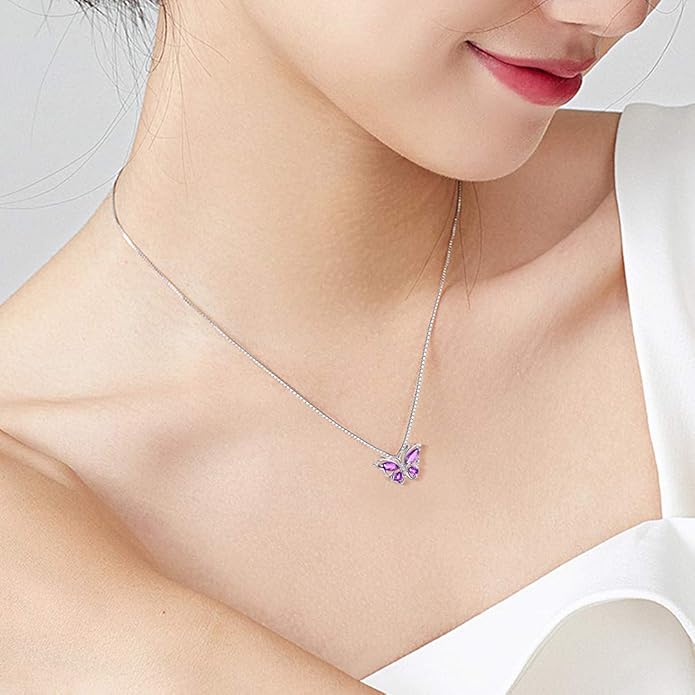 Aurora Tears Butterfly Birthstone Pendant Necklace - Women 925 Sterling Silver Butterflies Birthstone Pendant Necklace Jewelry Birthday Gift for Women