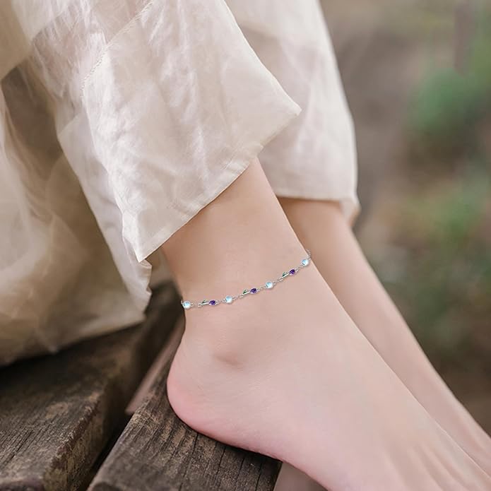 CRMAD 925 Sterling Silver Daisy/Sunflower Moonstone Anklet Daisy Flower Ankle Bracelet for Women Beach Dainty Jewelry