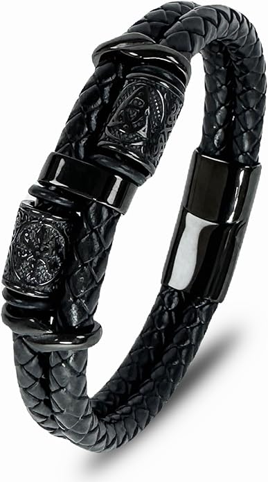 Viking Compass Celtic Knot Bracelet, Mens 14K Gold Plated Black Braided Leather Cuff, 316L Stainless Steel Jewelry for Women Friend Father Husband Son