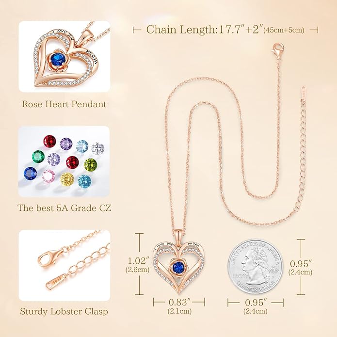 CDE Christmas Gifts for Women S925 Silver Rose Gold Heart Birthstone Necklaces for Women，Ideal Anniversary or Birthday Jewelry Gifts for Wife Girlfriend Her