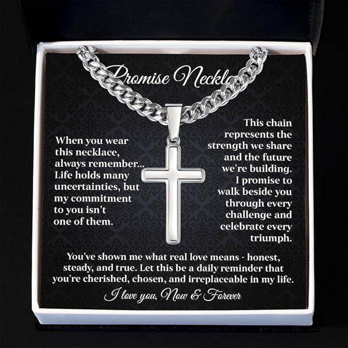 GLAVICY Promise Cross on Cuban Necklace For Him, Sentimental Gift for Husband, Boyfriend, Man with Message Card and Box, Promise Jewelry on Birthday, Valentine Day
