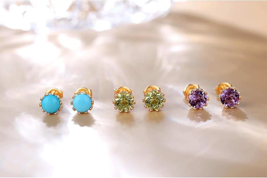 FANCIME 14K Real Solid Yellow Gold Genuine Gemstone Earrings Small Natural Turquoise Birthstone Earrings Hypoallergenic Bezel Setting Fine Jewelry for Women