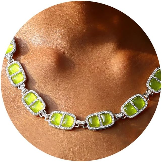 Chunky Necklace for Women 12 Colors Diamond Stone Gold Statement Necklace for Women Full Trendy Blue Birthstone Choker Necklace for Women Square Design Necklace Jewelry