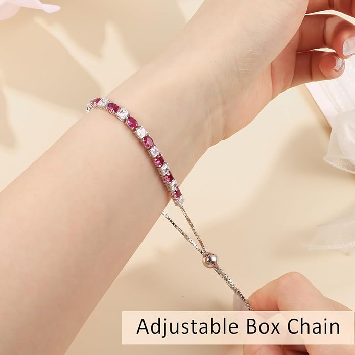 Sterling Silver Birthstone Bracelets for Women White Gold Tennis Bracelets Adjustable Chain 6-9 Inchs Jewelry Hypoallergenic Anniversary Birthday Gifts for Women Mom Wife Her
