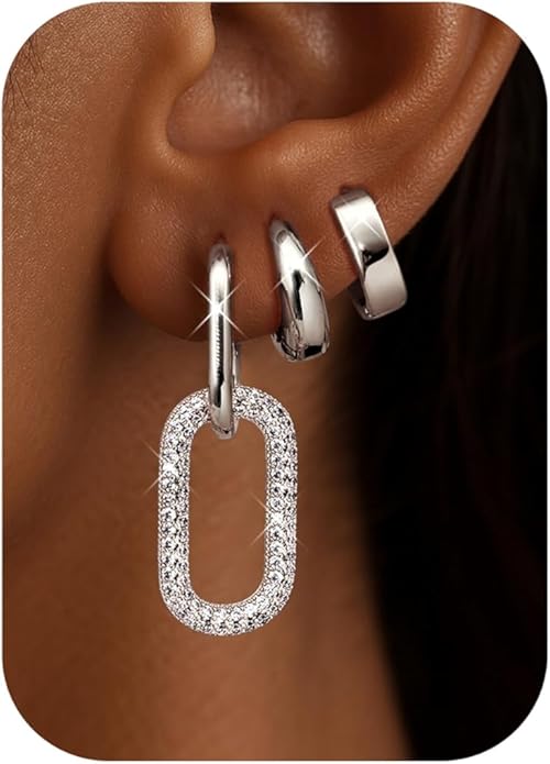 Florideco 3Pairs Chunky Gold Earrings Set 14K Gold Plated Hoop Earrings for Women Trendy Small Thick Huggie Hoops Earring Lightweight Silver Hoop Earring Sets for Multiple Piercing