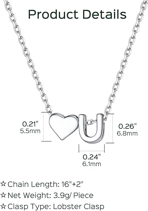 ChicSilver 925 Sterling Silver Heart Initial Necklaces for Women -Dainty Personalized Heart Pendant Letter Alphabet Necklace for Women