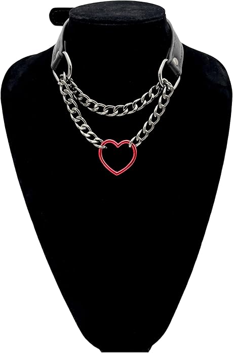 Black Leather Choker Collar For Women, Handmade Heart Slip Chain Choker Long Necklace with Adjustable Buckle