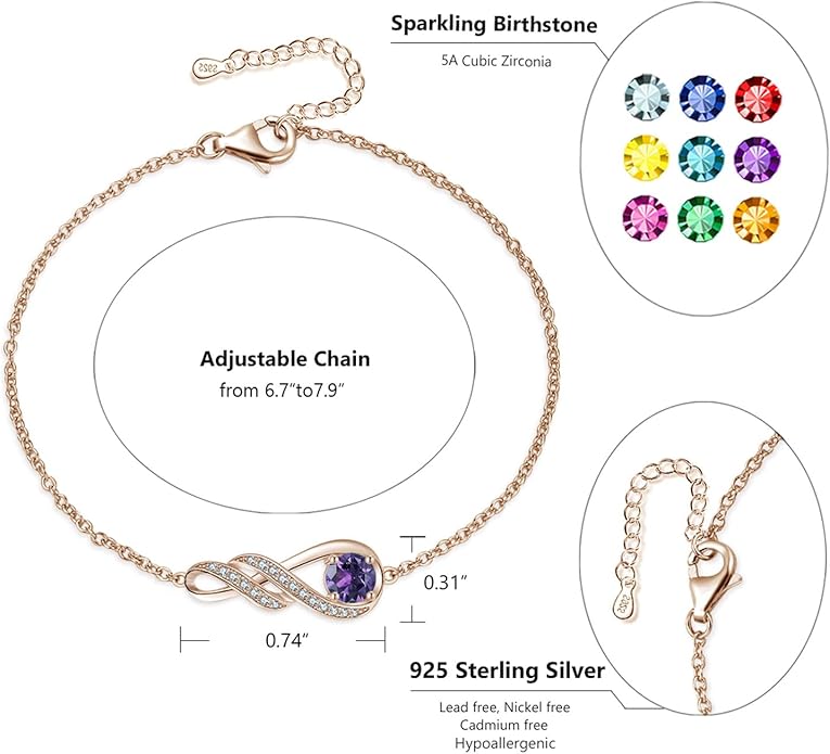 Birthstone Bracelets for Women 925 Sterling Silver Created Gemstone Bracelet Infinity Pendant Jewelry for Her, 6.7"+1.2"