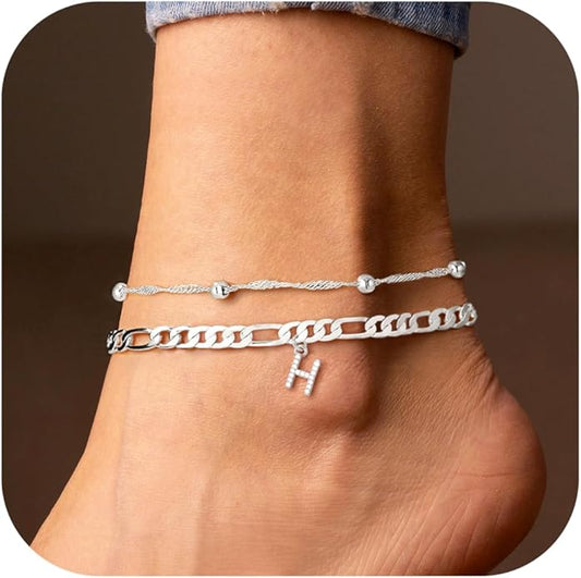 Ursteel Ankle Bracelets for Women, 14K Gold Plated Dainty Layered Chain CZ Initial Anklets Summer Jewelry Gifts for Women