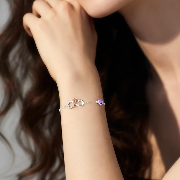 Iefil Infinite Rose Birthstone Bracelet for Women, 925 Sterling Silver Charm Link Birthstone Bracelet, Anniversary Birthday Gifts for Women, Mothers Day Valentines Christmas Gifts for Wife Girlfriend