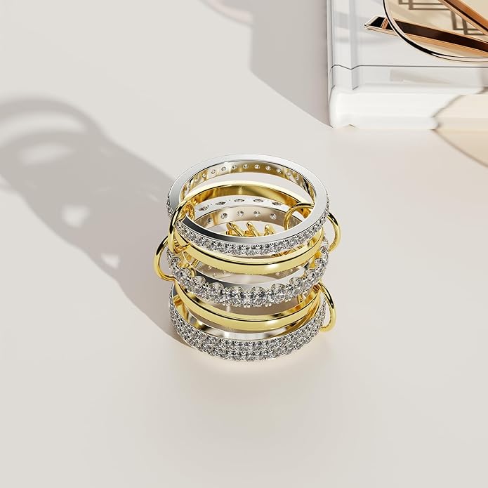Stackable Rings For Women Non Tarnish,Two-Tone 18K Gold Silver Mixed Metals Interlocked Ring, Cubic Double-Layer Zirconia Interlocked Fashion Accessories Jewelry, Special Statement Ring Set Gifts For Women