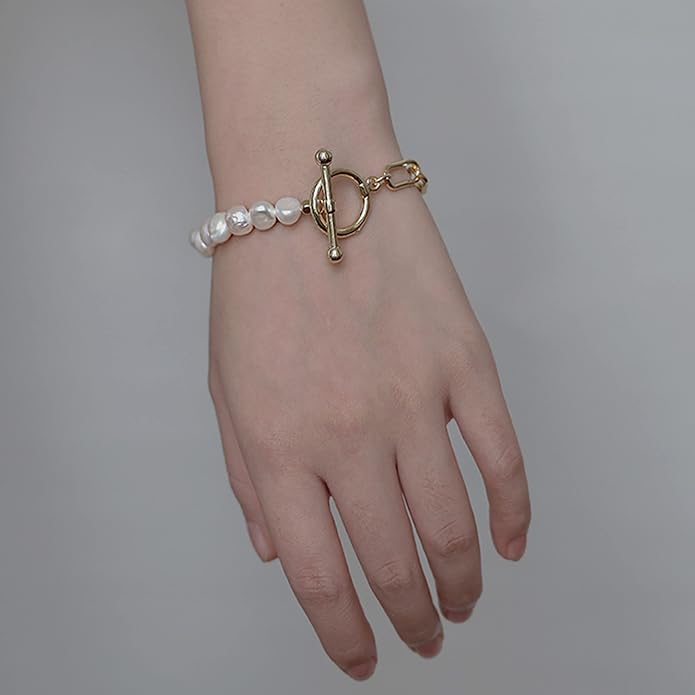 Cowlyn Pearl Bracelets for Women - Dainty 14K Gold Plated Beaded Pearl Link Chain Birthday Christmas Jewelry Gifts for Women