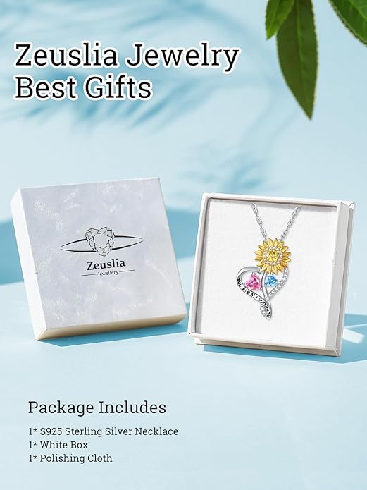 Zeuslia Double Birthstone Necklace Gifts for Wife - 925 Sterling Silver Sunflower/Rose/Crown Cross/Compass/Heart Pendant I Love You Necklace, Anniversary Birthday Gifts for Wife Girlfriend Mom Her