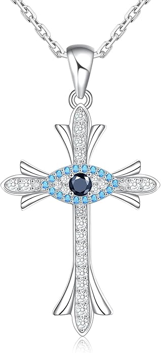 Evil Eye Cross Necklace Third Eye Protection Faith Cross Pendant Necklace Sterling Silver Gift for Women Birthday Christmas