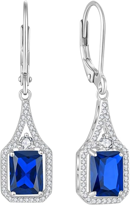 Emerald Cut Dangle Drop Earrings 925 Sterling Silver Halo Rectangular Leverback Earrings Birthstone Jewelry for Women